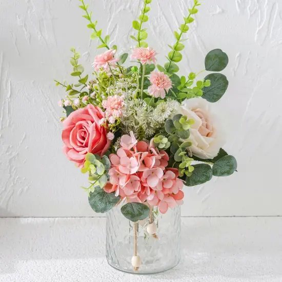 Fake Flowers with Vase, Pink Hydrangea Artificial Flowers in Vase Faux Rose Flowers Arrangement Suitable for Home Kitchen Living Room Fall Spring Decor Office Decoration, Centerpiece Table Decorations {3}