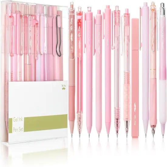 Gel Ink Pink Pen Set, 12 Pack, 1 x Aesthetic Highlighter, 0.5mm Cute Pink Pens Black Ink with Pastel Barrels {5}