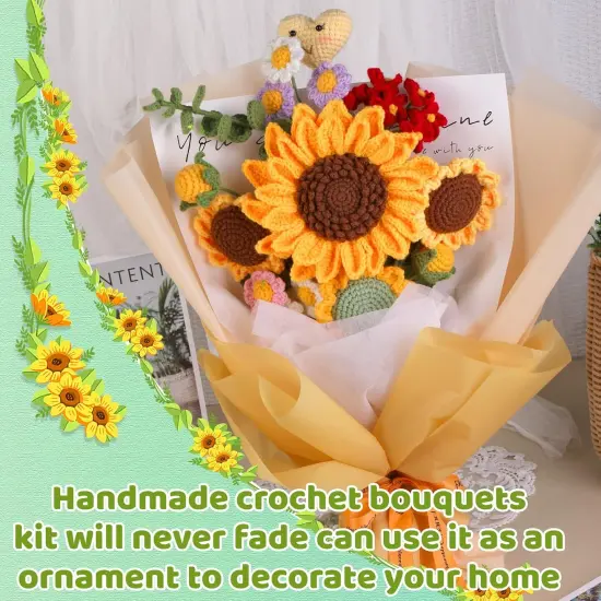 Crochet Kit for Beginners, Sunflower Beginners Crochet Kit, Crochet Flower Bouquet Kit, Knitting Starter Kit for Adults with Step-by-Step Video Tutorials Birthday Wedding Day Present {5}