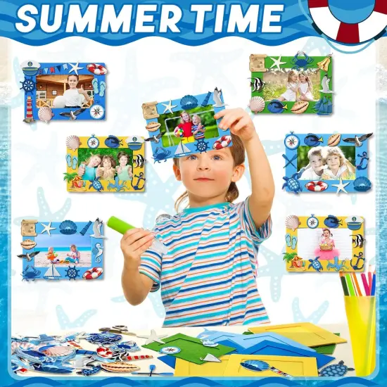232 Pieces Summer Ocean Beach DIY 5'' x 7'' Picture Frame Craft Kit 32 Summer Under The Sea Felt Photo Frames and 200 Foam Stickers for Holiday Game Activities(Ocean,Cool Color) {4}