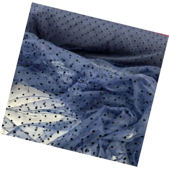Navy Blue Tulle Mesh Fabric Black Velvet Polka dot For Dress {5}