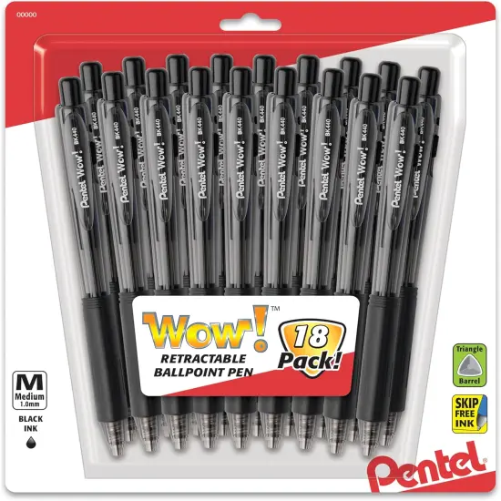 Retractable Ballpoint Pen, (1.0mm), Medium Line, Black Ink, Pack of 18 {1}