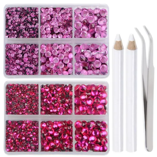 6400 Pieces Pink and Fuchsia Hotfix Rhinestones Flat Back 5 Mixed Sizes Crystal Round Glass Gems with Tweezers and Picking Rhinestones Pen {1}