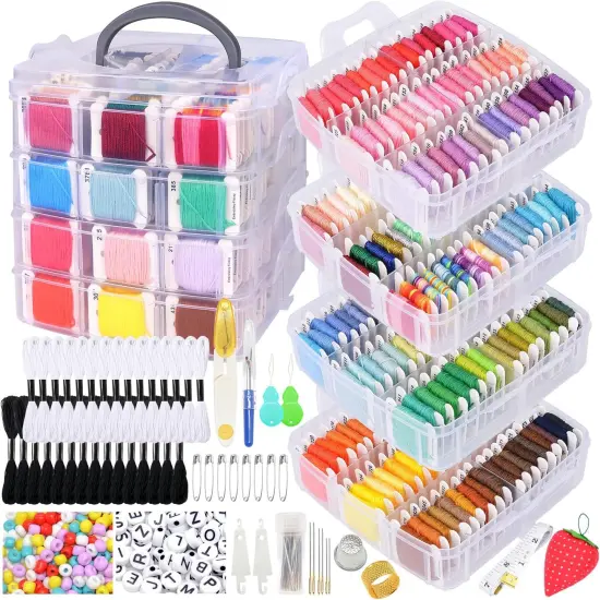 Embroidery Thread Kit Including 200 Skeins Embroidery Floss 30 Skeins White & Black Embroidery Thread Cross Stitch Tool for Friendship Bracelets Arts DIY Crafts with 4-Tier Transparent Box {1}