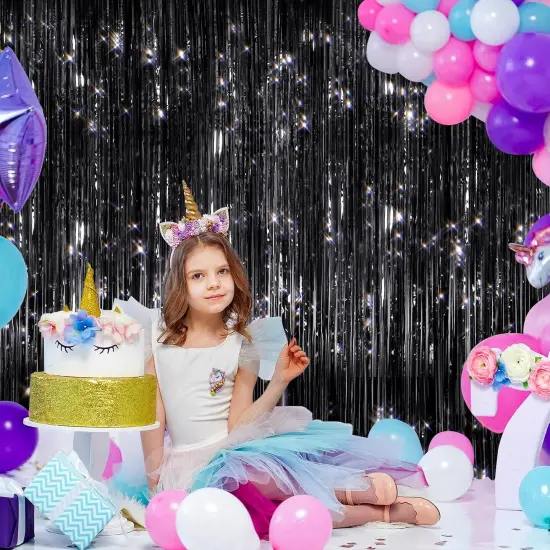 2 Pack Black Metallic Tinsel Foil Fringe Curtains, Door Streamers Photo Booth Backdrop for Birthday Party, Tinsel Curtain Backdrop for Baby Shower Bachelorette Christmas Party Decorations {5}