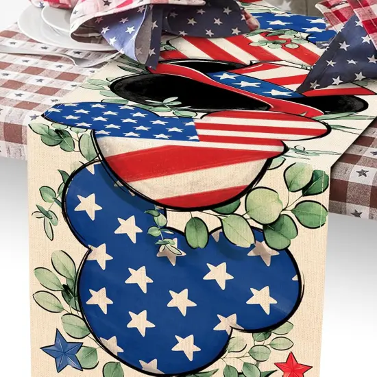 4th of July Patriotic Table Runner, America Eucalyptus Leaves Stars Stripes Kitchen Dining Table Decoration, American USA Burlap Indoor Outdoor Home Decor Party Supply 13x72 Inches {4}