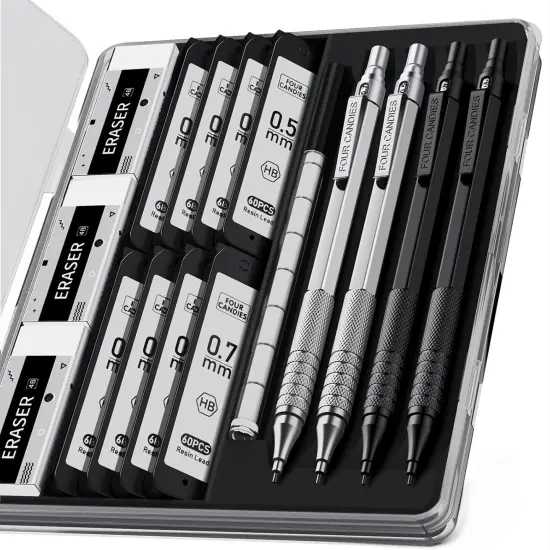 4PCS Metal Mechanical Pencils Set with Case, 0.5mm & 0.7 mm Artist Pencil with 8 Tubes (480PCS) HB Lead Refills, 3 Erasers,9 Eraser Refills For Writing Drafting, Drawing, Black&Silver {1}