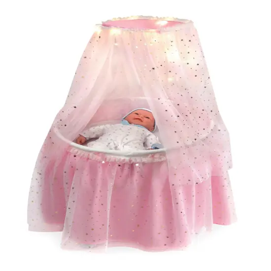 Badger Basket Sweet Dreams Round Doll Bassinet with Canopy and LED Lights - Pink/White/Stars {6}