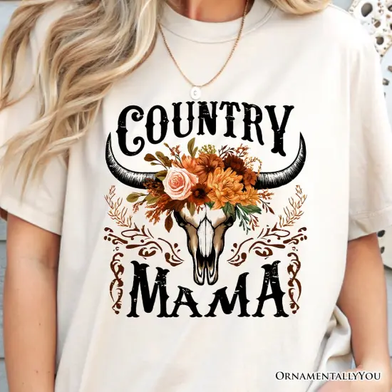 Country Mama Floral Buffalo Skull Vintage T-Shirt, Western Natural and White Women&rsquo;s Tee {2}