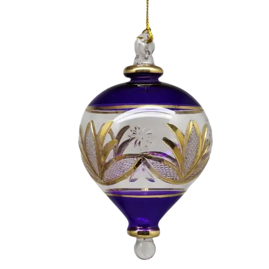 Etched Gold Teardrop Blown Glass Ornament - Purple {1}