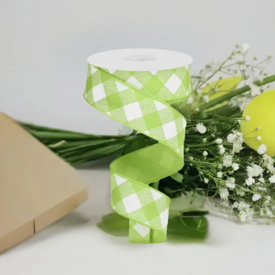 1.5" Diagonal Check On Royal Ribbon: Bright Green & White (10 Yards) {3}