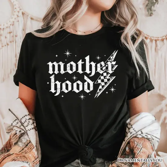 Checkered Motherhood Lightning T-Shirt, Black and White Retro Tee for Strong Mothers {2}