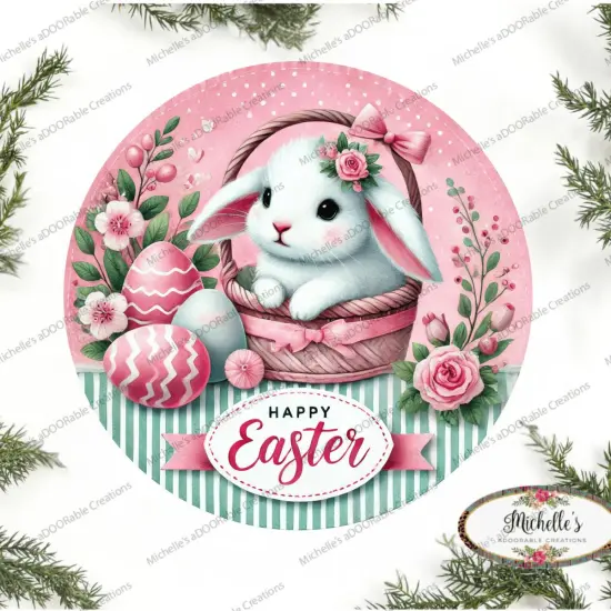 Happy Easter Bunny Basket Round Sign {1}