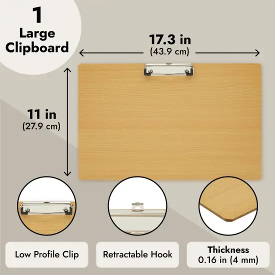 Extra Large Wooden Clipboard 11x17.3 - Wood Horizontal Lap Board with Clip for Drawing Sketch, 3mm Thick Brown {4}