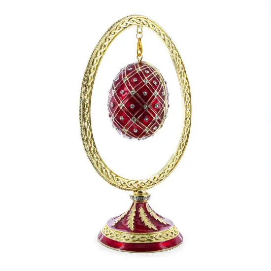Red Enamel Jeweled Easter Egg in the Egg Shaped Display Holder Figurine {4}
