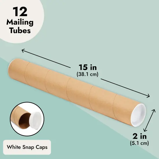 12-Pack Mailing Tubes with Caps, 2x15-Inch Kraft Paper Poster Tube for Shipping, Packing, Bulk Round Packaging, Cardboard Mailers, Art Prints, Maps, Blueprint (Brown) {5}