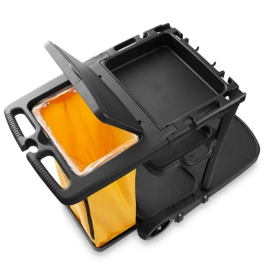 Dryser Commercial Janitorial Cleaning Cart on Wheels - Black Housekeeping Caddy with Cover, Shelves and Vinyl Bag {4}