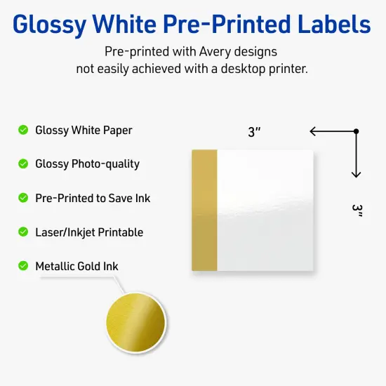 Avery Printable Square Labels, Gold-Dipped Edge, 3" x 3", Glossy White Square Labels, Permanent, Laser/Inkjet, 60ct, Great for Product Labels {2}