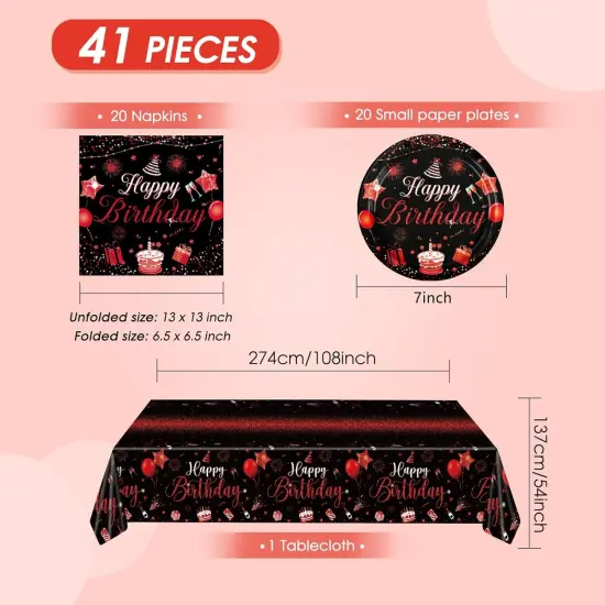 Red & Black Birthday Decorations - Party Supplies Set with Confetti Sprinkles, Includes Disposable Paper Plates & Napkins, Tablecloth for Boys & Girls {2}