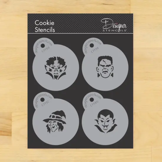 Mini Monster Faces Cookie & Cupcake Stencil Set: Frankenstein, Werewolf, Witch, Dracula | C793 by Designer Stencils | Cookie Decorating Tools | {1}