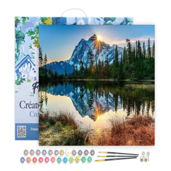 Figured'Art Paint by Numbers for Adults with Frame Lake and Mountain reflection 16"x20" - Craft Art Painting DIY Kit Canvas Already Stretched on a Wooden Frame {1}