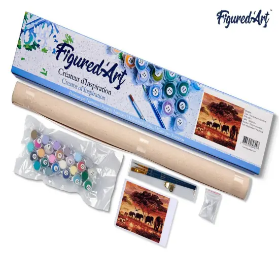 Figured'Art Paint by Numbers Kit for Adults Elephants at Sunset 16"x20" - Craft Art Painting DIY Kit Rolled Canvas without frame {5}