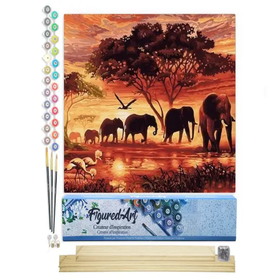 Figured'Art Paint by Numbers Kit for Adults Elephants at Sunset 16"x20" - Craft Art Painting Rolled Canvas with DIY wooden frame {1}