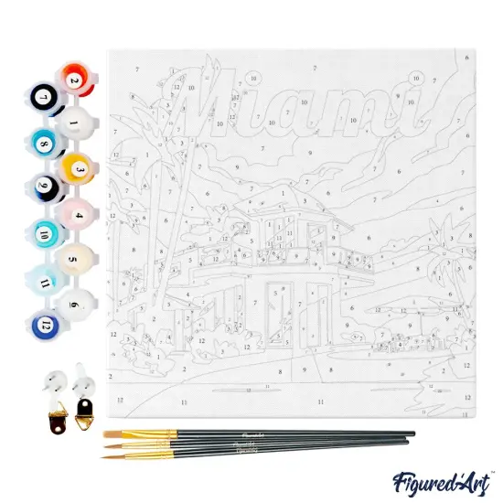 Figured'Art Mini Paint by Numbers Kit for Adults with Frame Travel Poster Miami Small format 8"x8" - Craft Art Painting DIY Canvas Already Stretched on a Wooden Frame {4}