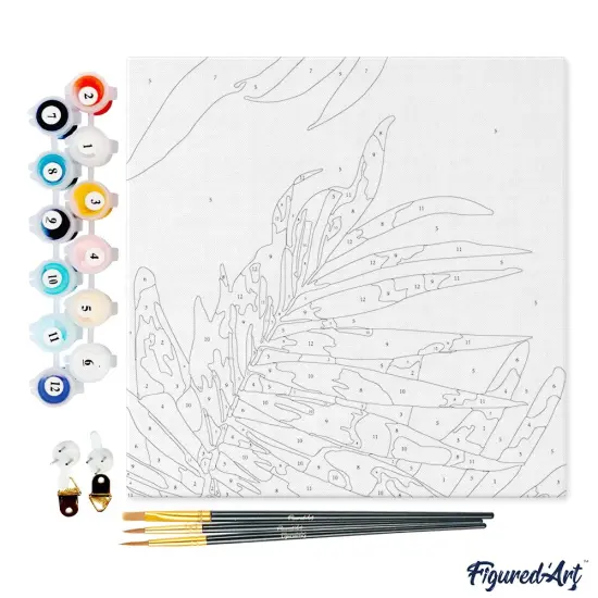 Figured'Art Mini Paint by Numbers Kit for Adults with Frame Abstact Palm Leaves Small format 8"x8" - Craft Art Painting DIY Canvas Already Stretched on a Wooden Frame {4}