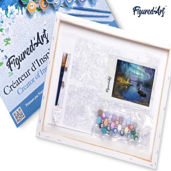 Figured'Art Paint by Numbers for Adults with Frame Moose and aurora borealis 16"x20" - Craft Art Painting DIY Kit Canvas Already Stretched on a Wooden Frame {5}