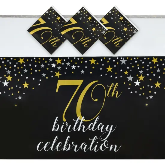 3 Pack 70th Birthday Plastic Table Covers, Disposable Tablecloths for Cheers to 70 Years Party Decorations (54 x 108 In) Black {1}