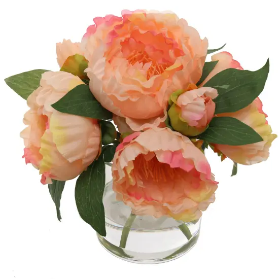 1 Piece 10" Pink Peony Flowers in Crystal Clear Glass Round Vase: Realistic Silk Blooms & Foliage, Office & Home Decor {1}