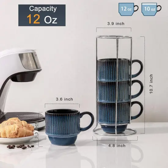 Navy Coffee Mugs Porcelain Set of 4 with Rack {4}