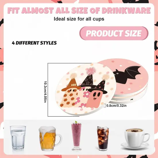 4Pcs Halloween Coasters Pink Ghost Bat Pumpkin Ceramic Coasters {2}