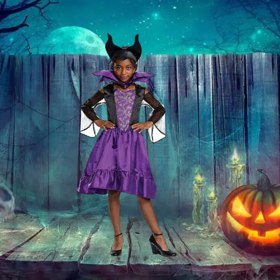 Kids Maleficent Costume Disney Villain Purple Black Dress with Horn Headband {1}