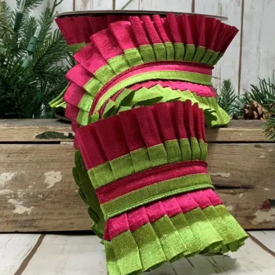 4" Metallic Dupion Pleated Ruffle Ribbon: Lime/Hot Pink (5 Yards) {1}