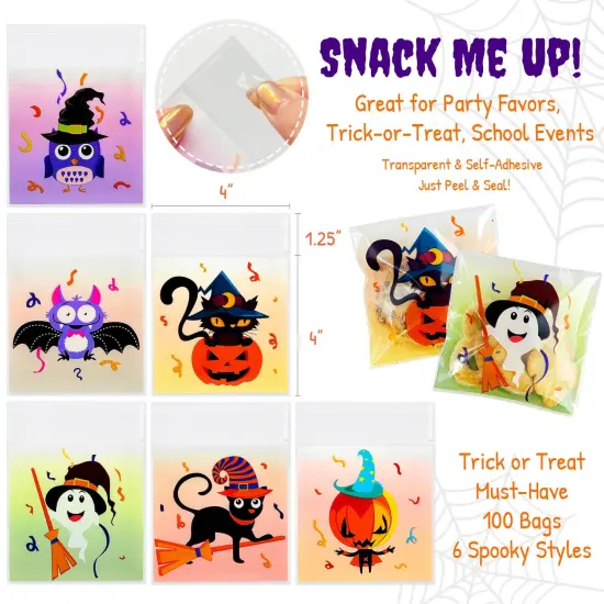 Wrapables Transparent Self-Adhesive 4" x 4" Candy and Cookie Bags for Party Favors, Trick or Treating (100pcs), Halloween {2}
