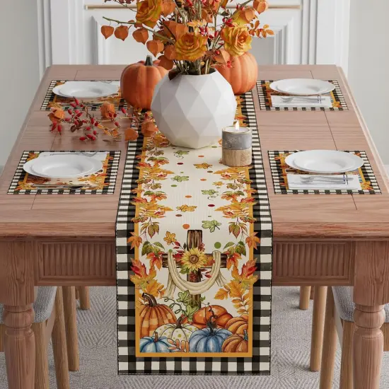 Fall Cross Maple Leaves Pumpkin Plaid Table Runner Table Decoration,13x72 Inch {2}