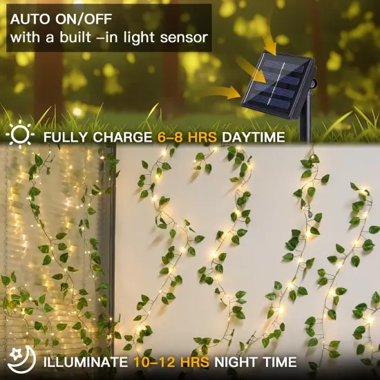 suddus Solar Fairy Lights, 33ft 100 Led Pothos Leaf Solar String Lights Outdoor Waterproof, 8 Modes Vines with Lights for Balcony, Deck, Patio, Garden, Fence,Wedding (Warm White) {5}