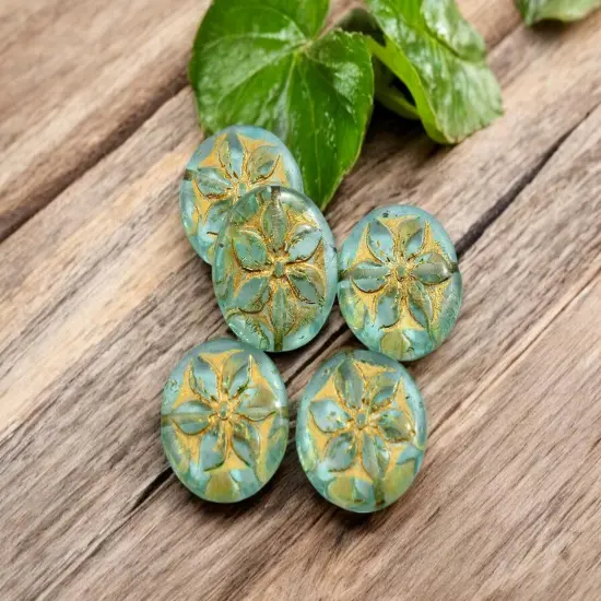 *6* 18mm Gold Washed Green Aqua Hawaiian Flower Coin Beads {3}
