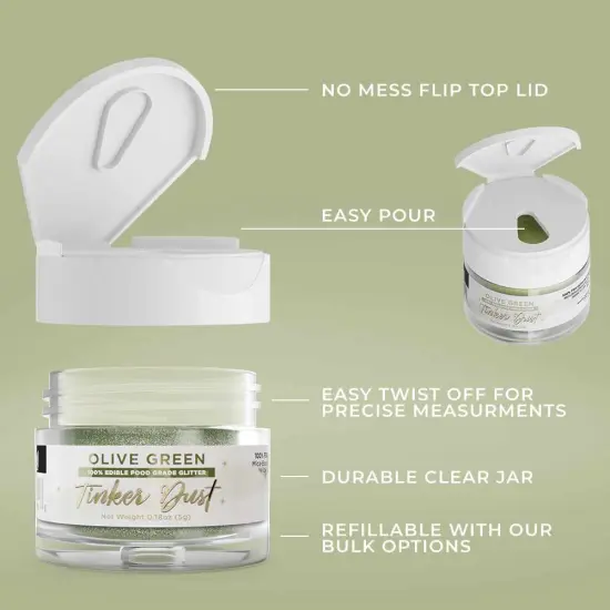 Bakell - Olive Green Tinker Dust Edible Glitter (5g, 1x Jar) for Food, Desserts, and Beverages! {5}