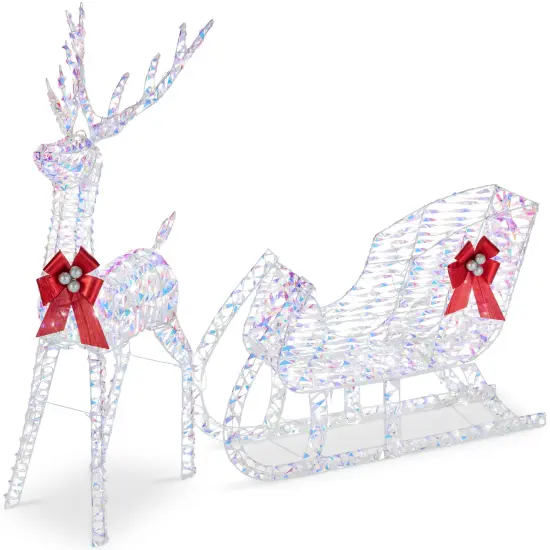 Best Choice Products Lighted Christmas 4ft Reindeer & Sleigh Outdoor Decor Set w/ 205 LED Lights, Stakes Iridescent - Large {1}