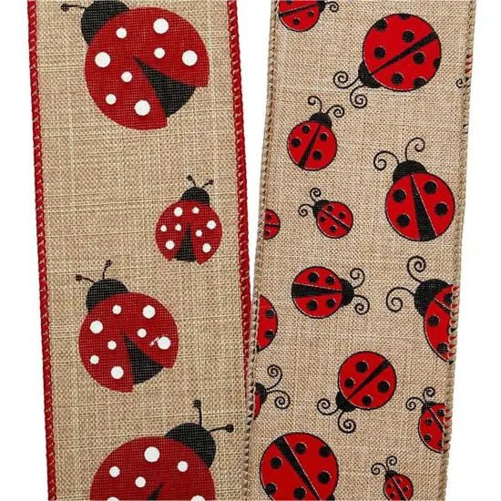 Charming Ladybugs on Natural Wired Ribbon 2.5" x 10 yd White Dots {4}