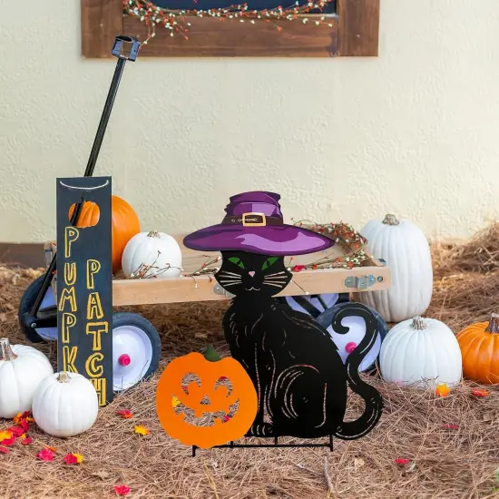 Metal Black Cat Halloween Garden Stakes,Silhouette Statues with Witch Hats {5}