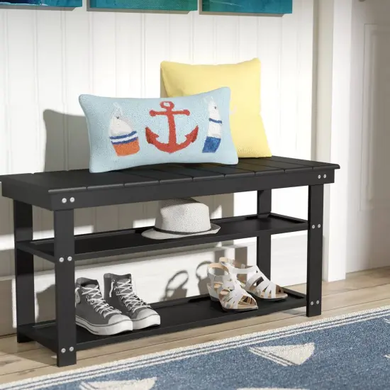 Wooden Shoe Rack Bench with Two Storage Shelves and 2-Seater Design for Entryway or Hallway Black {5}