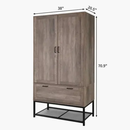 Tall Freestanding Wardrobe Closet with Hanging Rods and Storage Drawer for Bedroom or Entryway {5}