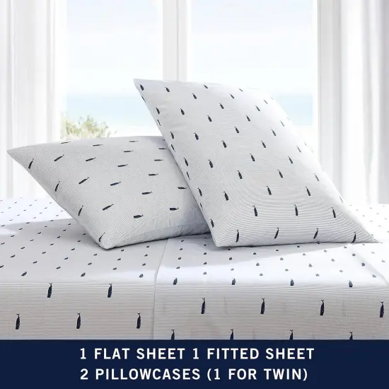 Navy Blue Cotton Percale Striped Sheet Set with Pillowcases and Fitted Sheet {5}