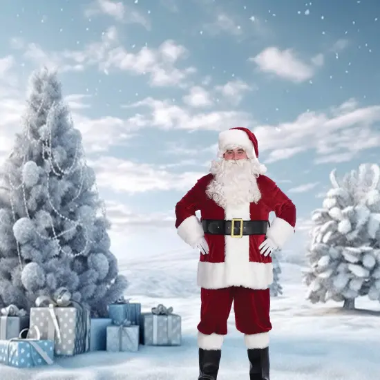 Velveteen Santa Suit with Plush Trim, Belt, Hat, Boot Tops, Gloves Complete Look {3}