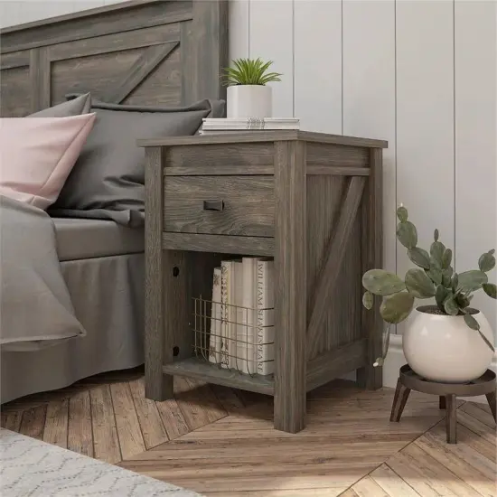 Farmhouse Bedroom Nightstand with Drawer and Open Shelf Rustic Grey {4}