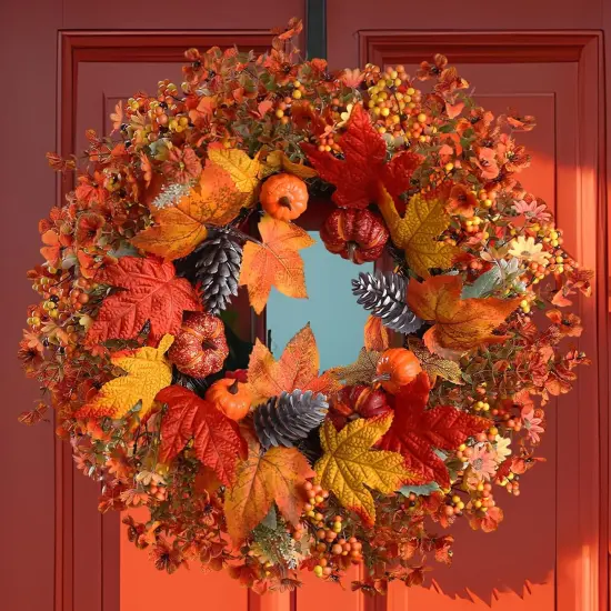 Fall Wreath with Pumpkin Maple Leaves Pine Cone Berries {2}